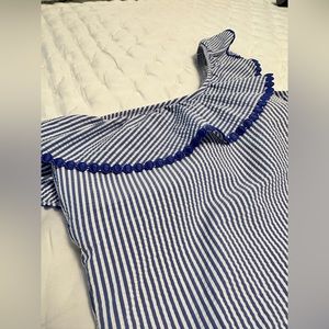 J.Crew bathing suit scallop one shoulder blue seersucker